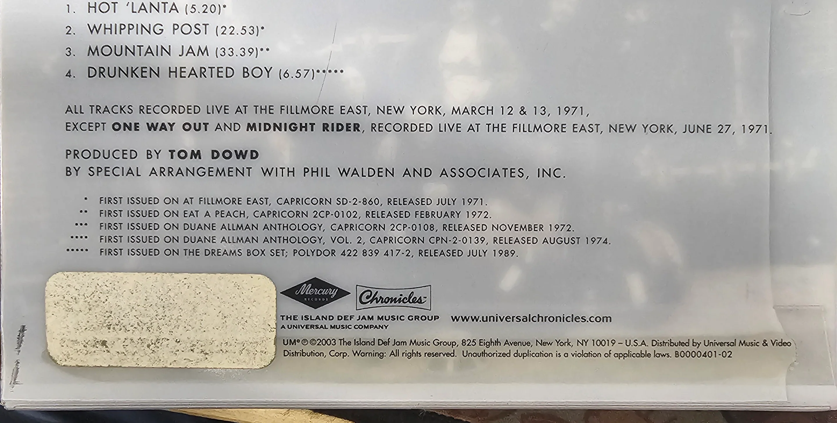 Allman Brothers Band- The Allman Brothers Band At The Fillmore East (DLX Edition)(Sticker Over Barcode, Cracked Slipcase) - Image 2